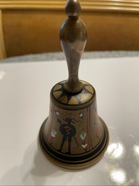 Decorative Hand Painted Brass Hand Bell with African Warrior Motif